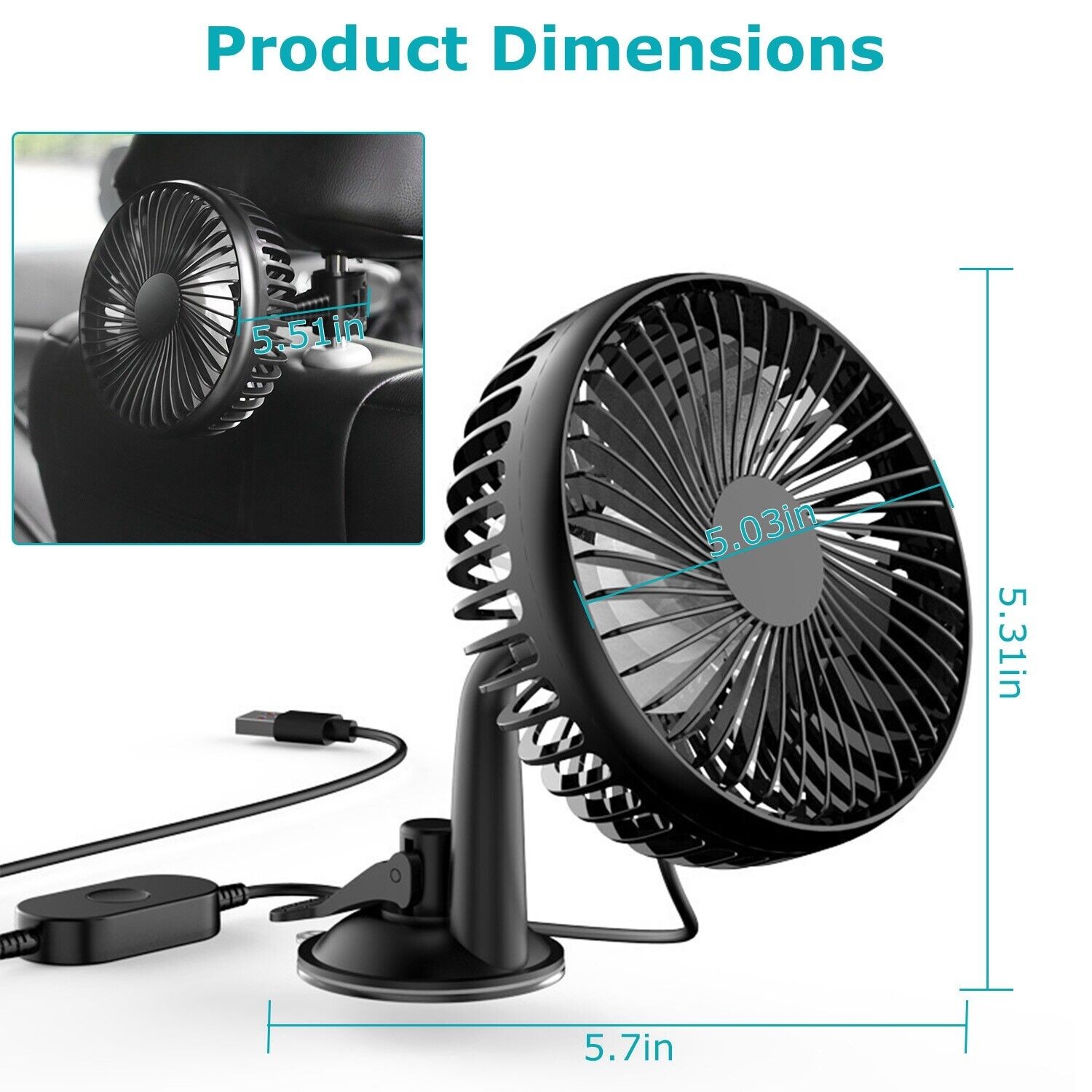 Rotatable Car Cooling Fan Fan Mini USB Vehicle Fan Backseat Clip Fan W/3 Speeds